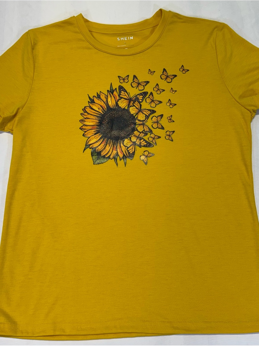 SHEIN Mustard Yellow Sunflower & Butterfly Short Sleeve Tee